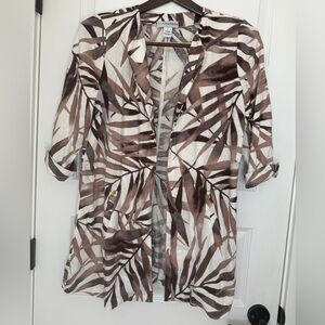 Sag Harbor Cream and Brown Tropical-Print Open Linen Blazer Jacket Size L